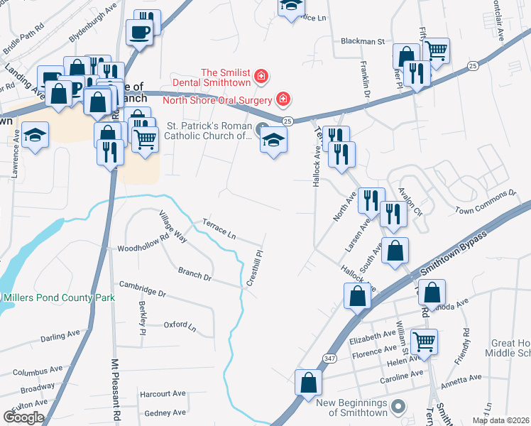 map of restaurants, bars, coffee shops, grocery stores, and more near 26 Hemlock Lane in Smithtown