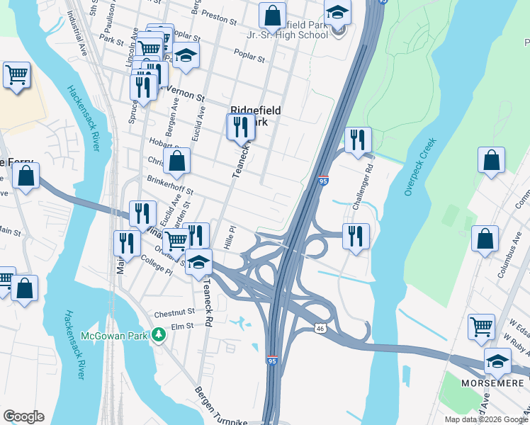 map of restaurants, bars, coffee shops, grocery stores, and more near 186 Brinkerhoff Street in Ridgefield Park