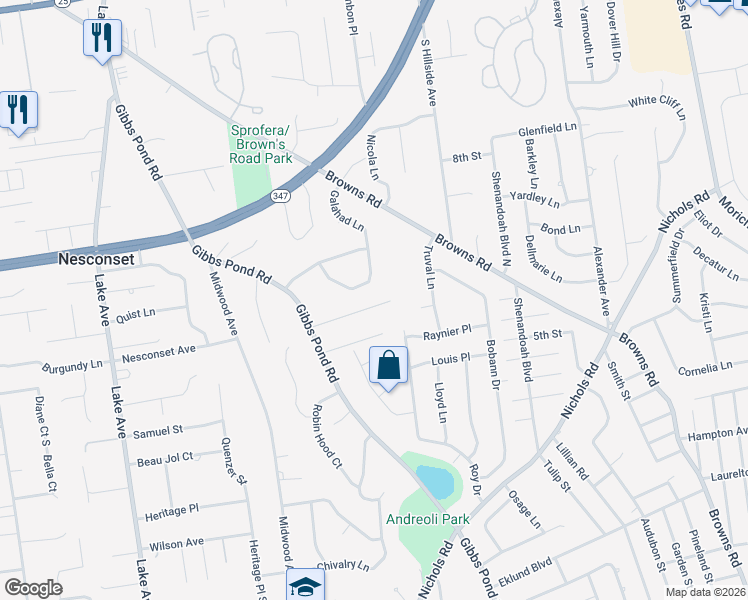 map of restaurants, bars, coffee shops, grocery stores, and more near 28 Knolltop Drive in Nesconset