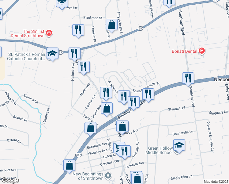map of restaurants, bars, coffee shops, grocery stores, and more near 8 Avalon Circle in Smithtown