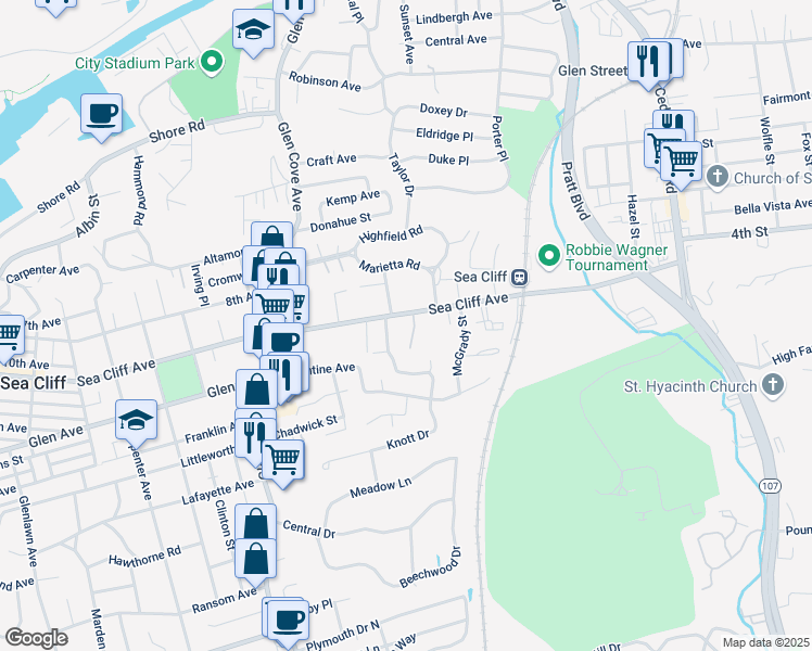 map of restaurants, bars, coffee shops, grocery stores, and more near 122 Sea Cliff Avenue in Glen Cove