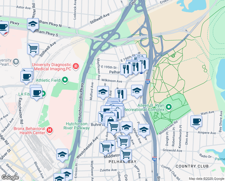 map of restaurants, bars, coffee shops, grocery stores, and more near 1957 Hobart Avenue in Bronx