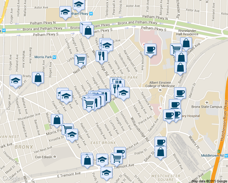 map of restaurants, bars, coffee shops, grocery stores, and more near 1833 Williamsbridge Road in Bronx