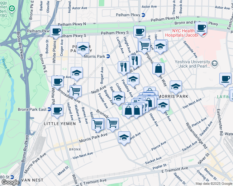 map of restaurants, bars, coffee shops, grocery stores, and more near 1938 Colden Avenue in Bronx