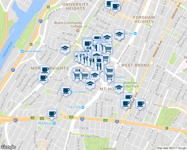 map of restaurants, bars, coffee shops, grocery stores, and more near in The Bronx