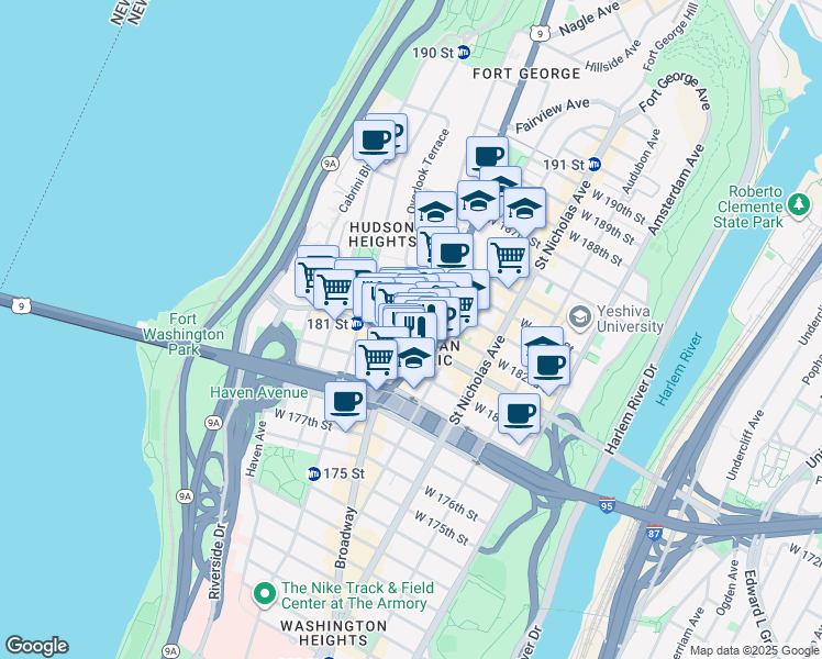 map of restaurants, bars, coffee shops, grocery stores, and more near 728 West 181st Street in New York