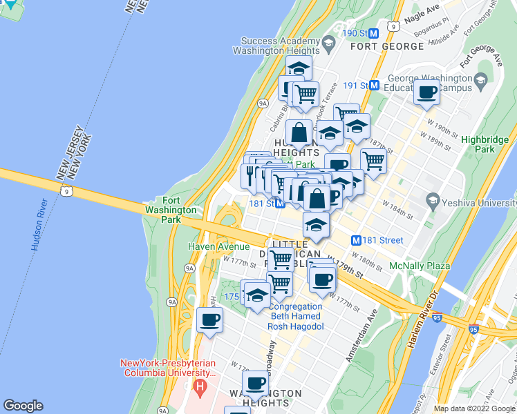 map of restaurants, bars, coffee shops, grocery stores, and more near in New York