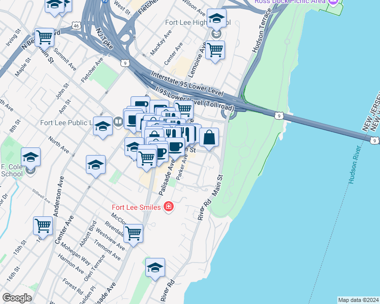 map of restaurants, bars, coffee shops, grocery stores, and more near 166 Main Street in Fort Lee