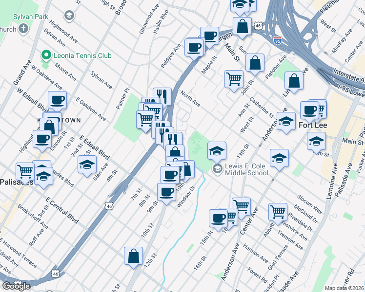 map of restaurants, bars, coffee shops, grocery stores, and more near 1470 Bergen Boulevard in Fort Lee