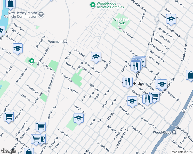 map of restaurants, bars, coffee shops, grocery stores, and more near 271 North Avenue in Wood-Ridge