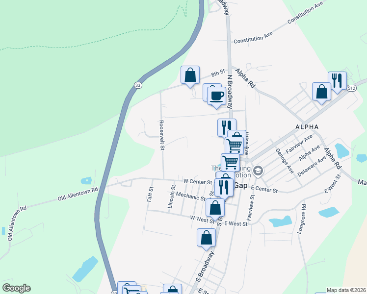 map of restaurants, bars, coffee shops, grocery stores, and more near 15 Oakwood Drive in Wind Gap