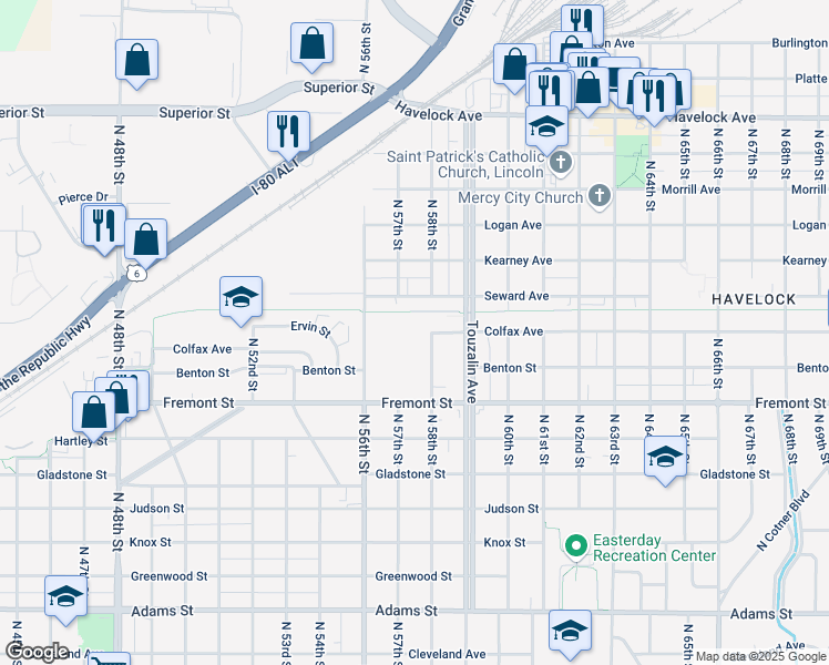 map of restaurants, bars, coffee shops, grocery stores, and more near 3777 North 58th Street in Lincoln