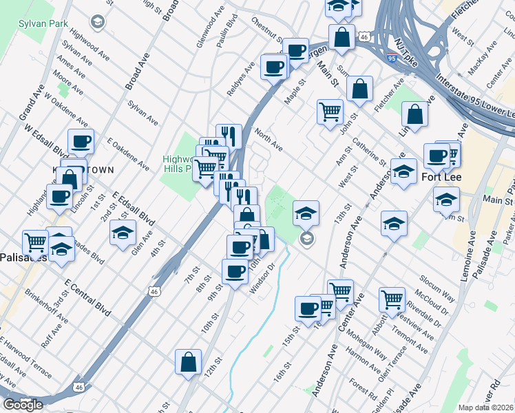 map of restaurants, bars, coffee shops, grocery stores, and more near 1470 Bergen Boulevard in Fort Lee