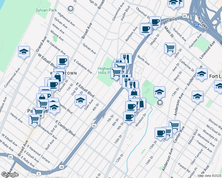 map of restaurants, bars, coffee shops, grocery stores, and more near 548A 4th Street in Palisades Park