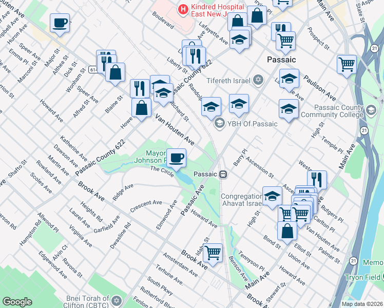 map of restaurants, bars, coffee shops, grocery stores, and more near 313 Van Houten Avenue in Passaic