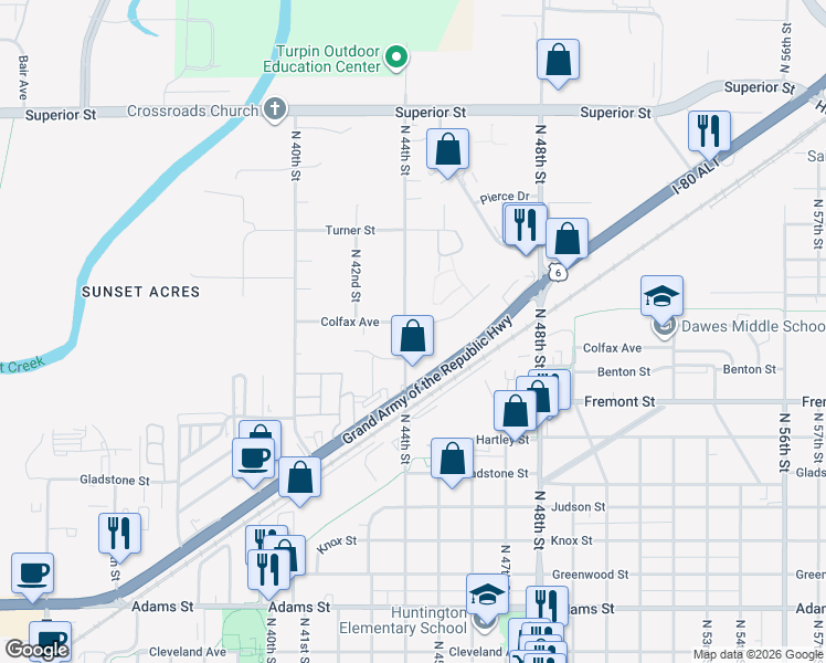 map of restaurants, bars, coffee shops, grocery stores, and more near 3800 North 44th Street in Lincoln