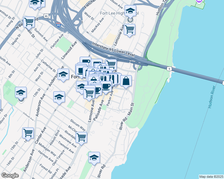 map of restaurants, bars, coffee shops, grocery stores, and more near 166 Main Street in Fort Lee