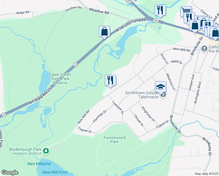 map of restaurants, bars, coffee shops, grocery stores, and more near in Smithtown
