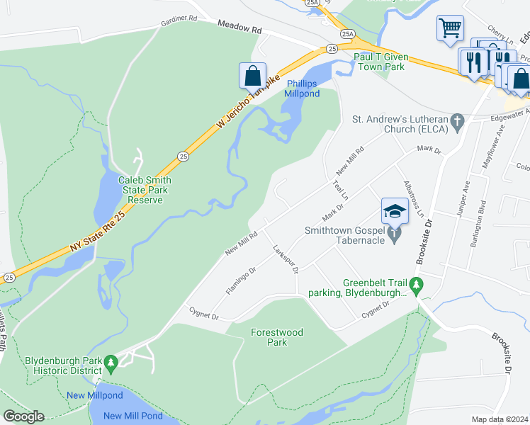map of restaurants, bars, coffee shops, grocery stores, and more near in Smithtown