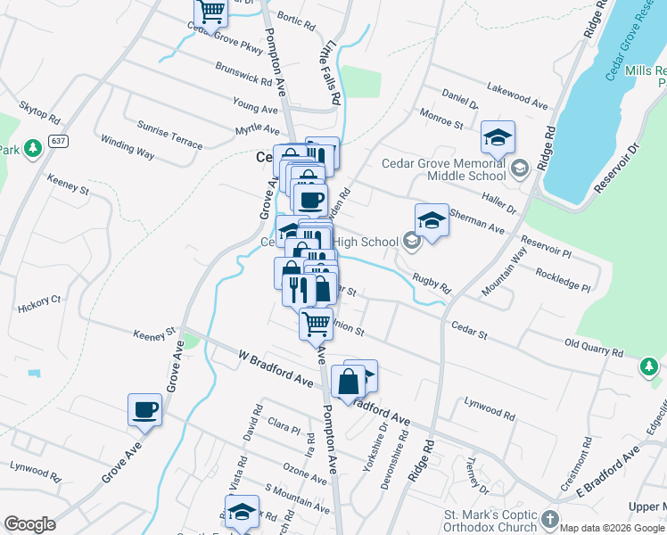 map of restaurants, bars, coffee shops, grocery stores, and more near 18 Cedar Street in Cedar Grove