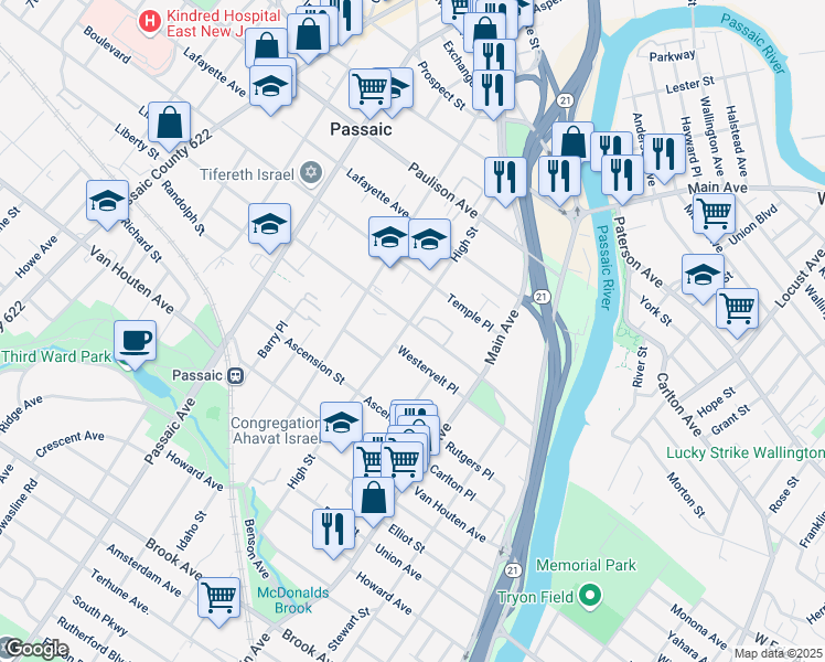 map of restaurants, bars, coffee shops, grocery stores, and more near 135 Aycrigg Avenue in Passaic