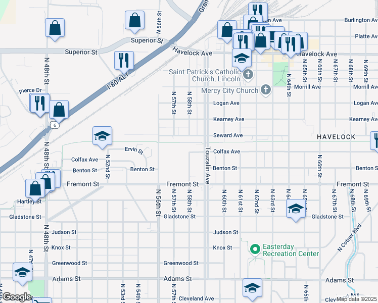 map of restaurants, bars, coffee shops, grocery stores, and more near 3777 North 58th Street in Lincoln