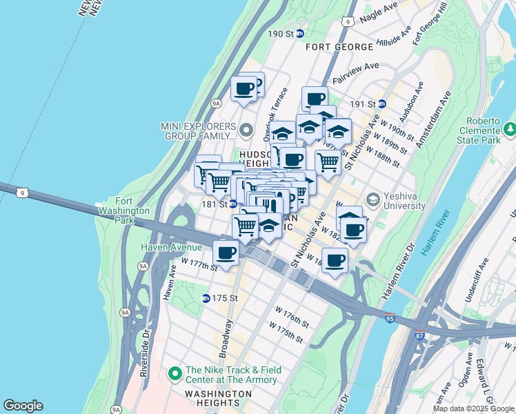 map of restaurants, bars, coffee shops, grocery stores, and more near 728 West 181st Street in New York