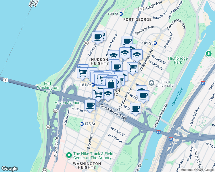 map of restaurants, bars, coffee shops, grocery stores, and more near 728 West 181st Street in New York