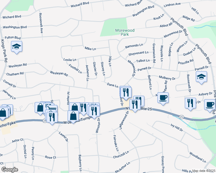 map of restaurants, bars, coffee shops, grocery stores, and more near 9 Dana Lane in Smithtown