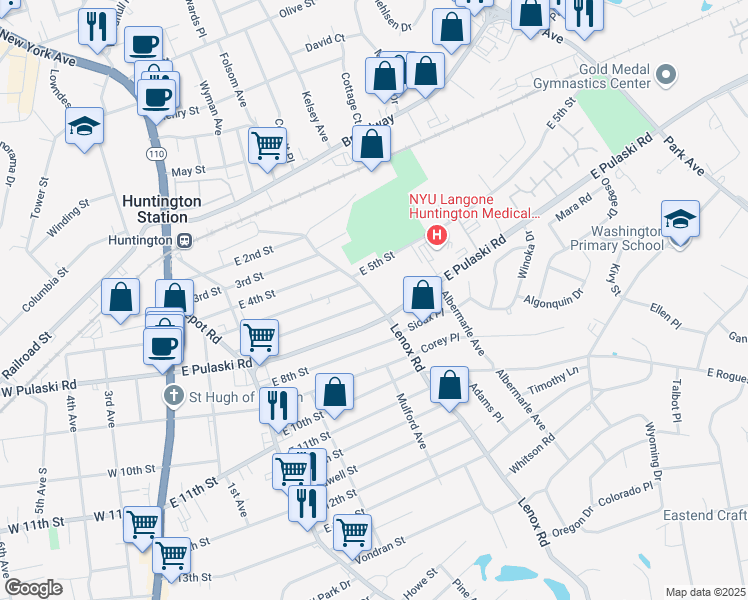map of restaurants, bars, coffee shops, grocery stores, and more near 176 Lenox Road in Huntington Station