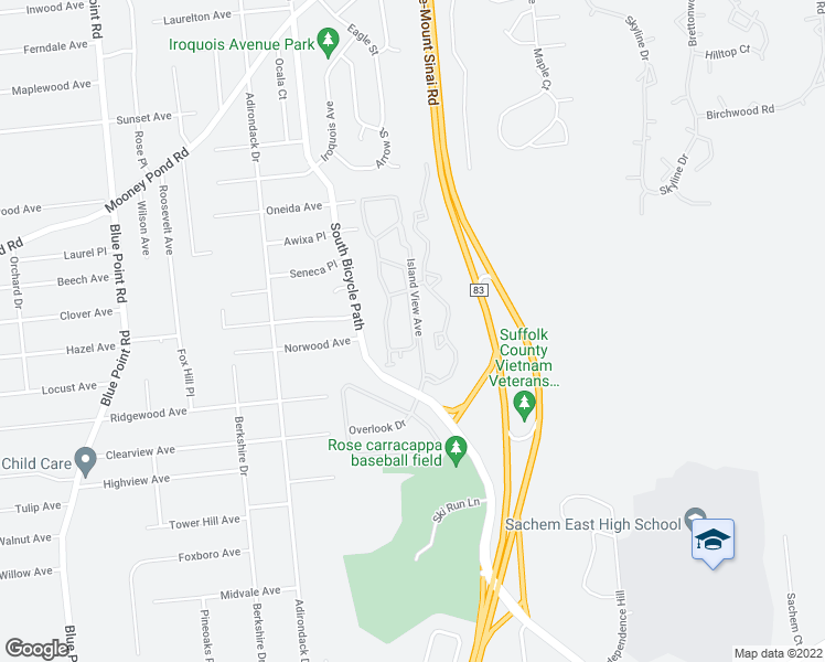map of restaurants, bars, coffee shops, grocery stores, and more near 125 Horizon View Drive in Farmingville