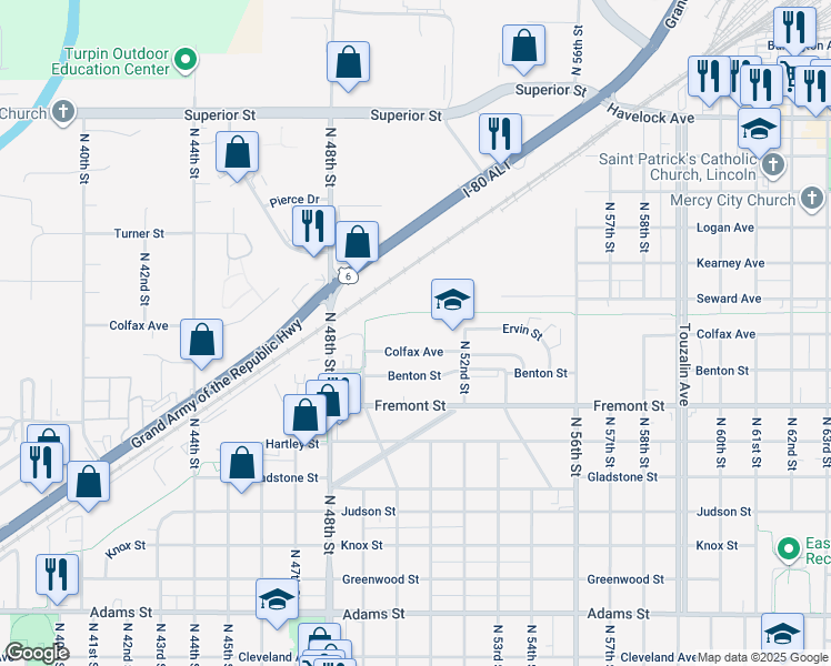 map of restaurants, bars, coffee shops, grocery stores, and more near 5130 Colfax Avenue in Lincoln