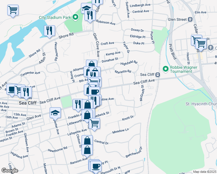 map of restaurants, bars, coffee shops, grocery stores, and more near 152 Sea Cliff Avenue in Glen Cove