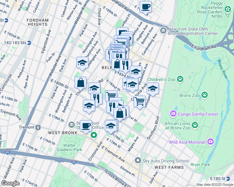 map of restaurants, bars, coffee shops, grocery stores, and more near 2175 Belmont Avenue in Bronx