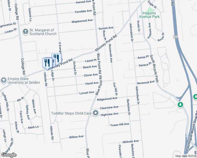 map of restaurants, bars, coffee shops, grocery stores, and more near 220 Blue Point Road in Farmingville