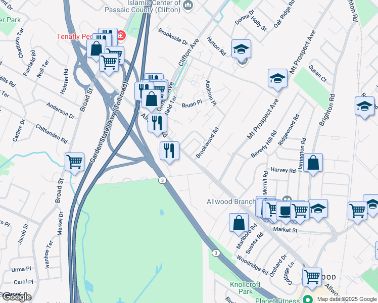 map of restaurants, bars, coffee shops, grocery stores, and more near 866 Allwood Road in Clifton