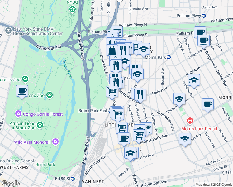 map of restaurants, bars, coffee shops, grocery stores, and more near 2020 White Plains Rd in Bronx