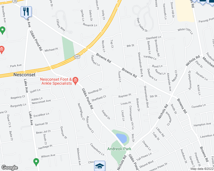 map of restaurants, bars, coffee shops, grocery stores, and more near 28 Knolltop Drive in Nesconset