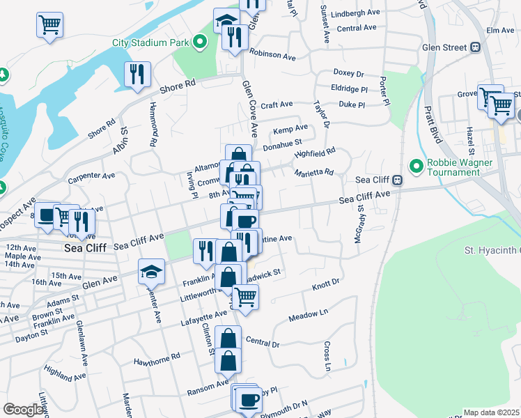 map of restaurants, bars, coffee shops, grocery stores, and more near 162 Sea Cliff Ave in Glen Cove