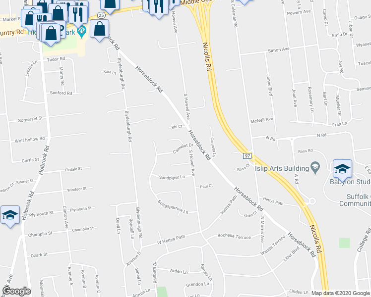 map of restaurants, bars, coffee shops, grocery stores, and more near 9 Valerie Court in Centereach