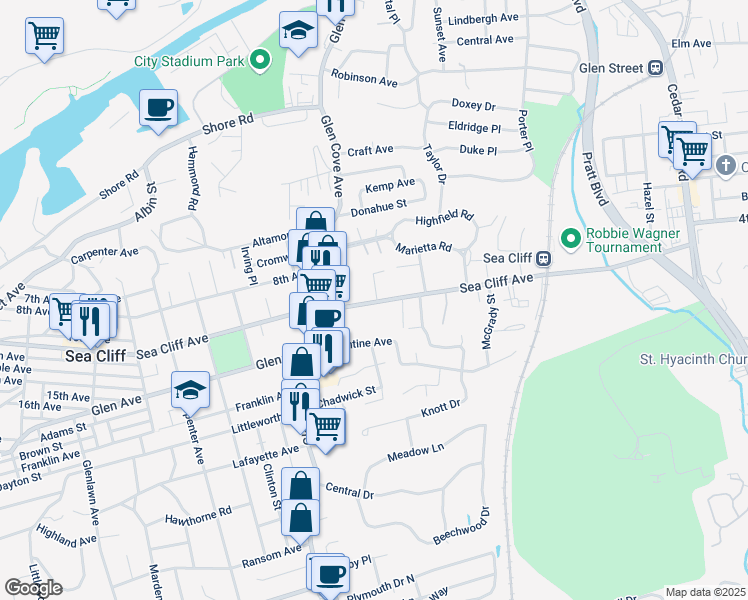 map of restaurants, bars, coffee shops, grocery stores, and more near 152 Sea Cliff Avenue in Glen Cove