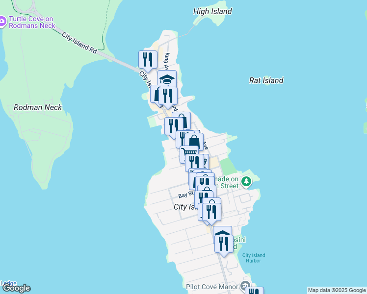 map of restaurants, bars, coffee shops, grocery stores, and more near 450 City Island Avenue in Bronx