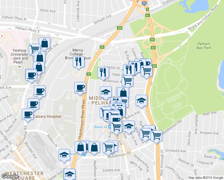 map of restaurants, bars, coffee shops, grocery stores, and more near in The Bronx
