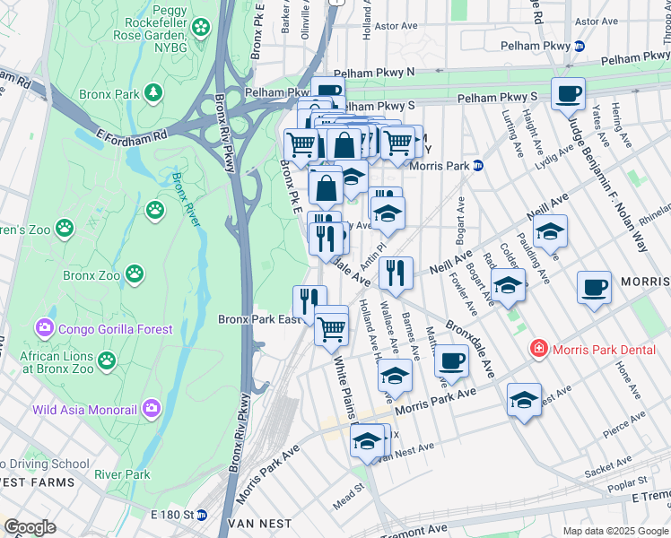 map of restaurants, bars, coffee shops, grocery stores, and more near in The Bronx