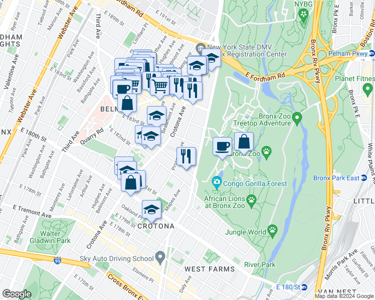 map of restaurants, bars, coffee shops, grocery stores, and more near in The Bronx