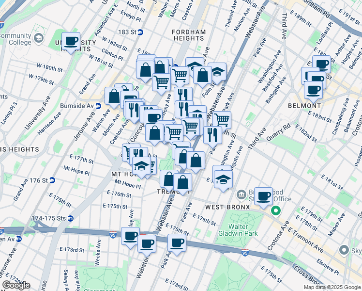 map of restaurants, bars, coffee shops, grocery stores, and more near in The Bronx