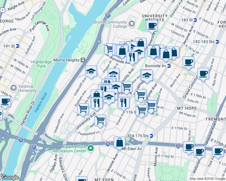 map of restaurants, bars, coffee shops, grocery stores, and more near in The Bronx