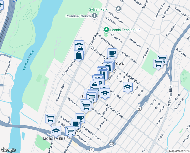 map of restaurants, bars, coffee shops, grocery stores, and more near 41 West Palisades Boulevard in Palisades Park