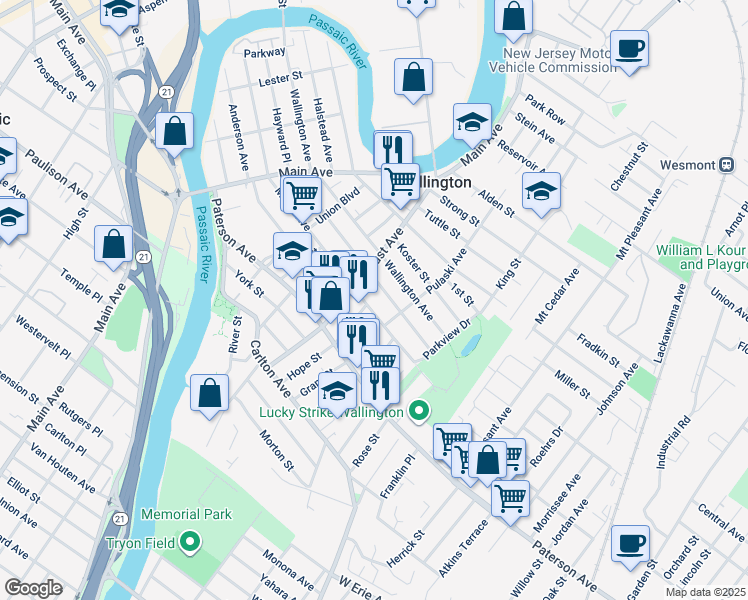 map of restaurants, bars, coffee shops, grocery stores, and more near 258 Hayward Place in Wallington