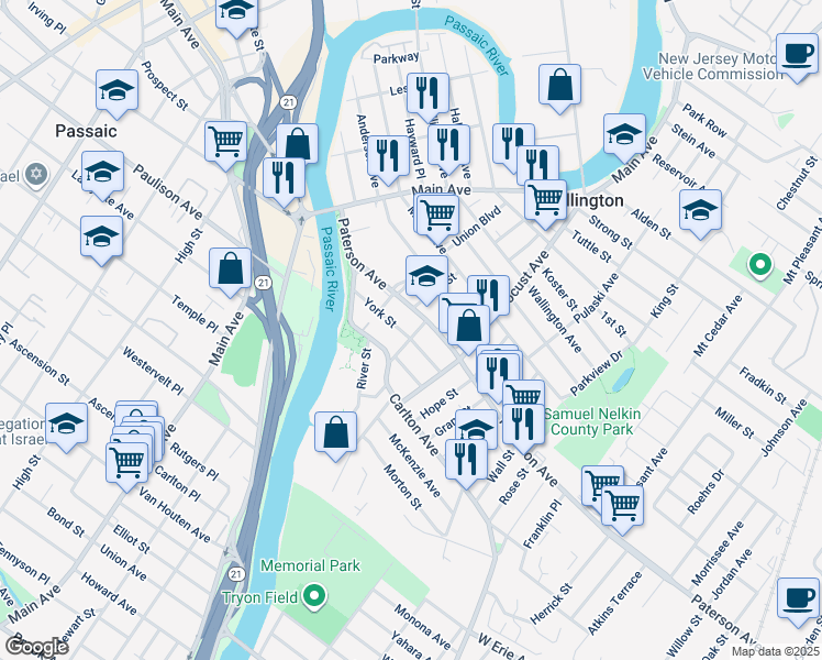 map of restaurants, bars, coffee shops, grocery stores, and more near 913 York Street in East Rutherford